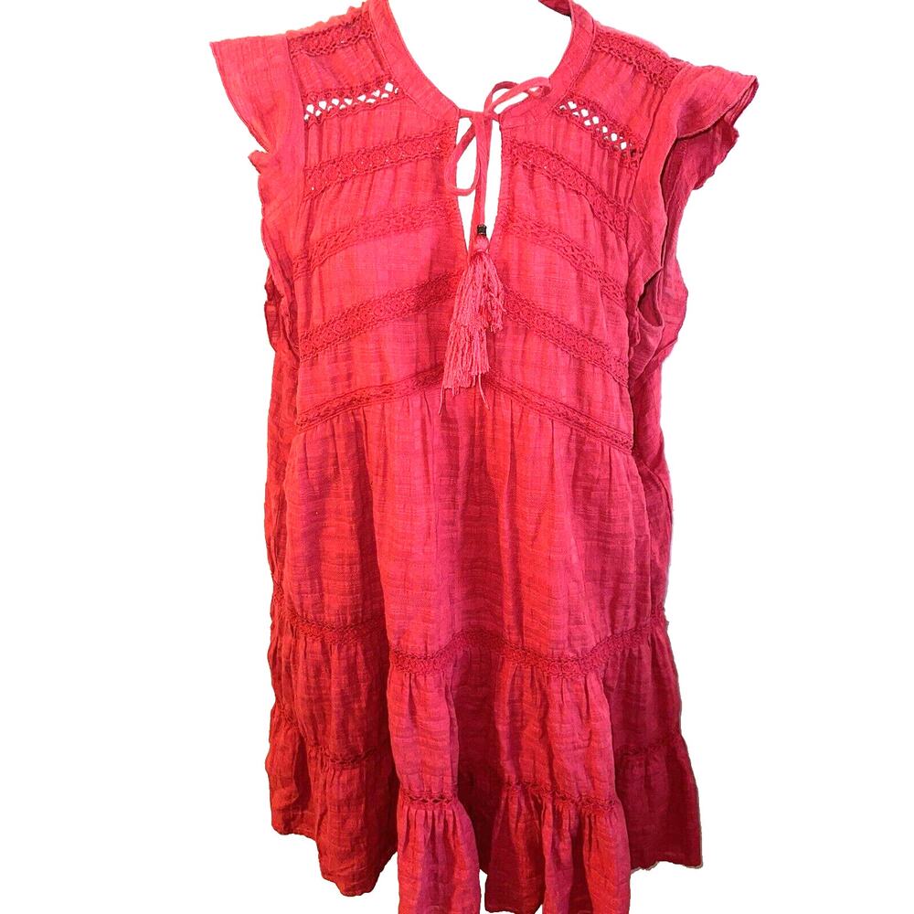 Knox Rose XL Red Dress Tiered Cap Sleeves Tassel Tie Closure Pullover Boho